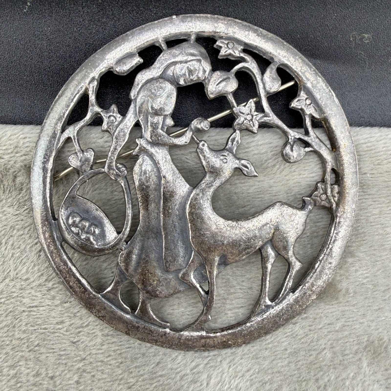 Vintage Little Nemo Brooch Silver Tone Girl With Deer Signed